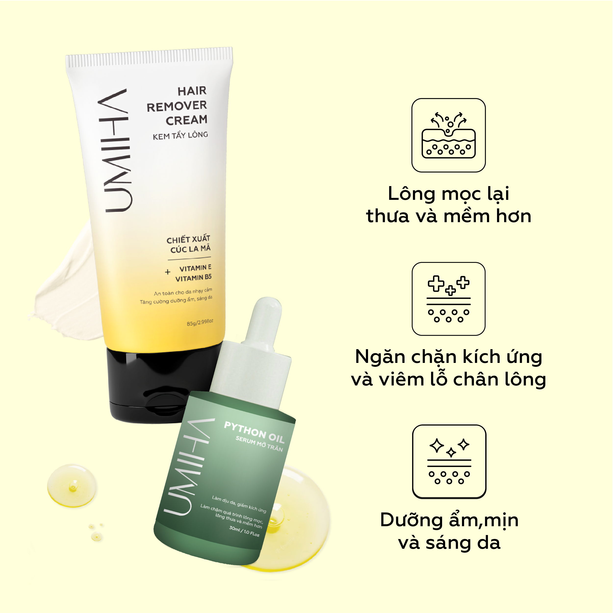 Bộ triệt lông bikini gồm kem tẩy lông umiha 85g và mỡ trăn umiha 30ml nguyên chất an toàn hiệu quả