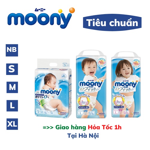 Bỉm moony tiêu chuẩn nội địa nhật, tả dán/quần moony xanh nb90/s84/m64/m58/l54/l44/xl38