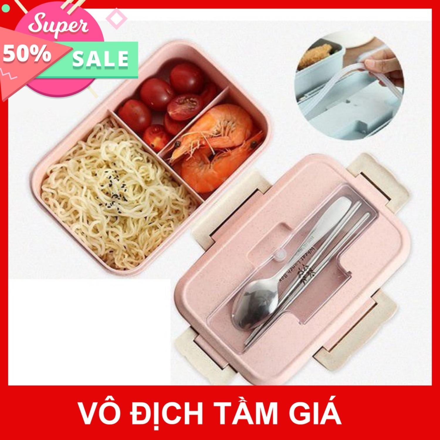 Hộp cơm lúa mạch 3 ngăn kèm đũa thìa inox