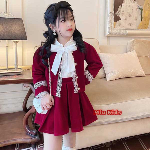 Set váy bé gái áo khoác phối ren kèm áo nơ cho bé gái 25-40kg SG024