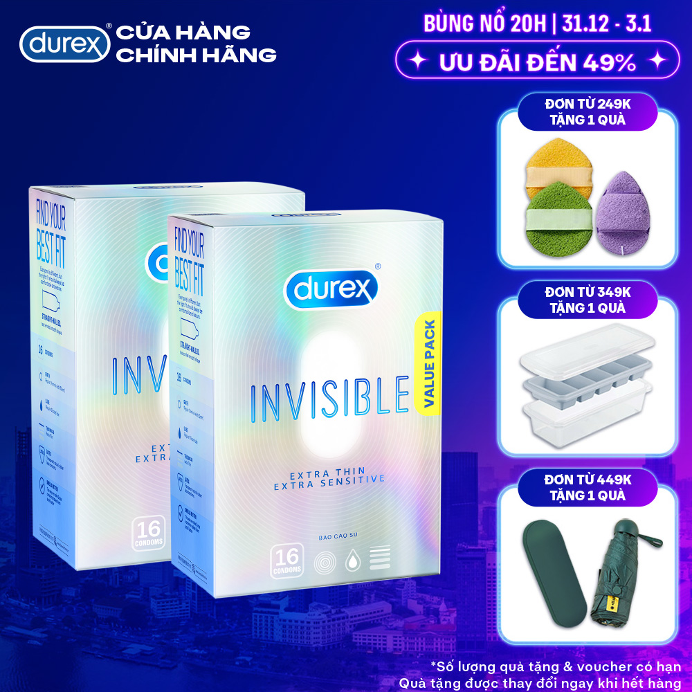 Bộ 2 Hộp Bao Cao Su Durex Invisible Siêu Mỏng Size 52 mm Hộp 16 Bao 