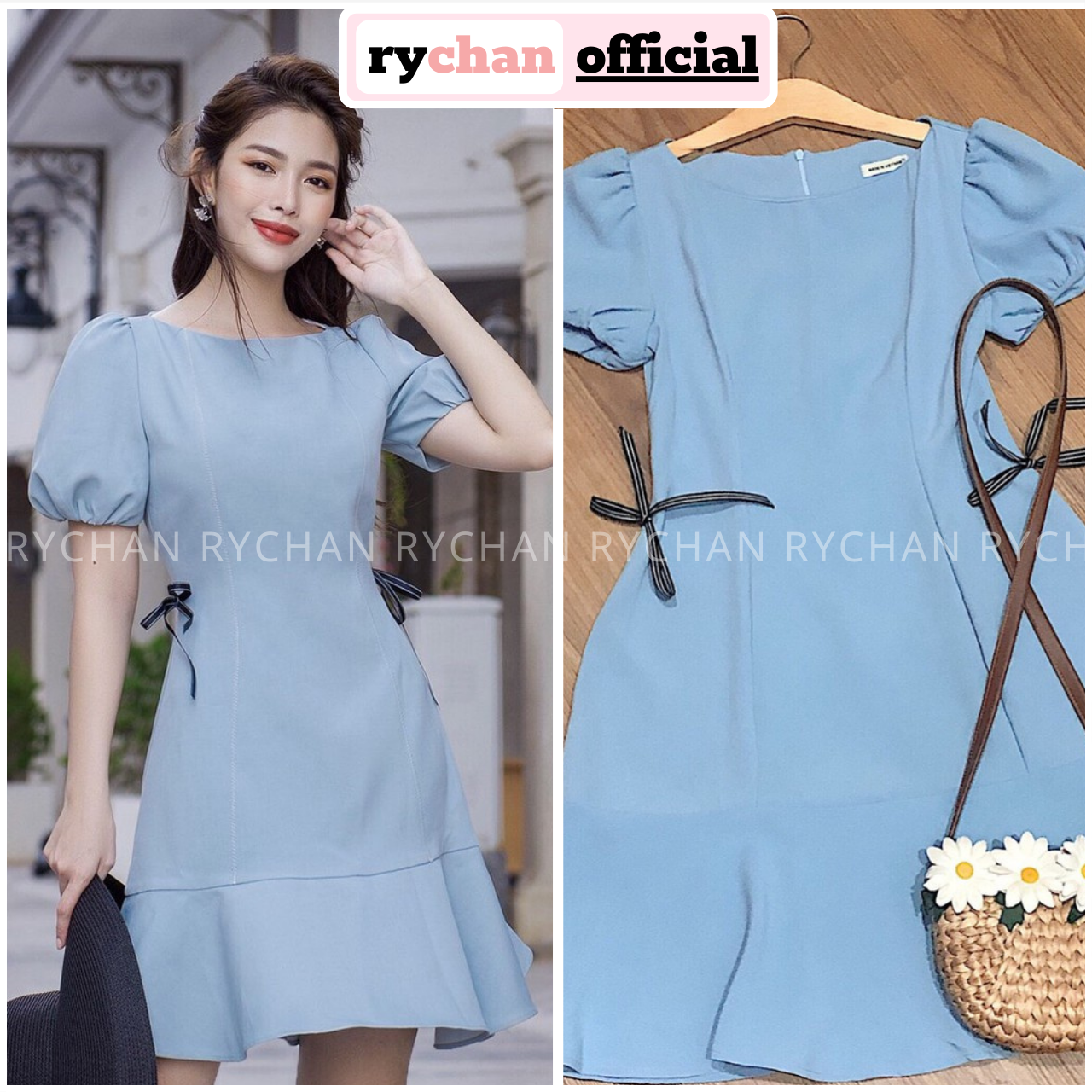 Đầm xoè xám xanh nơ eo tay phồng đuôi cá - dx059