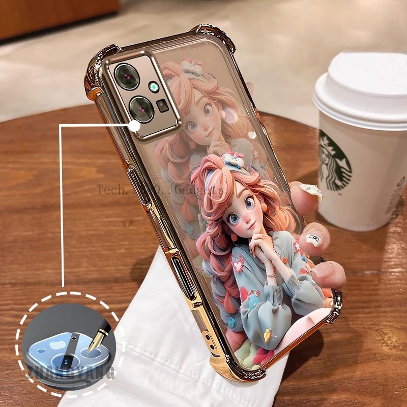 Ready Stock For Vivo Y75 5G Y33S 5G Y55 5G Four Corner Electroplated Anti Drop Phone Case Aesthetic Girl Cartoon Pattern TPU Soft Case