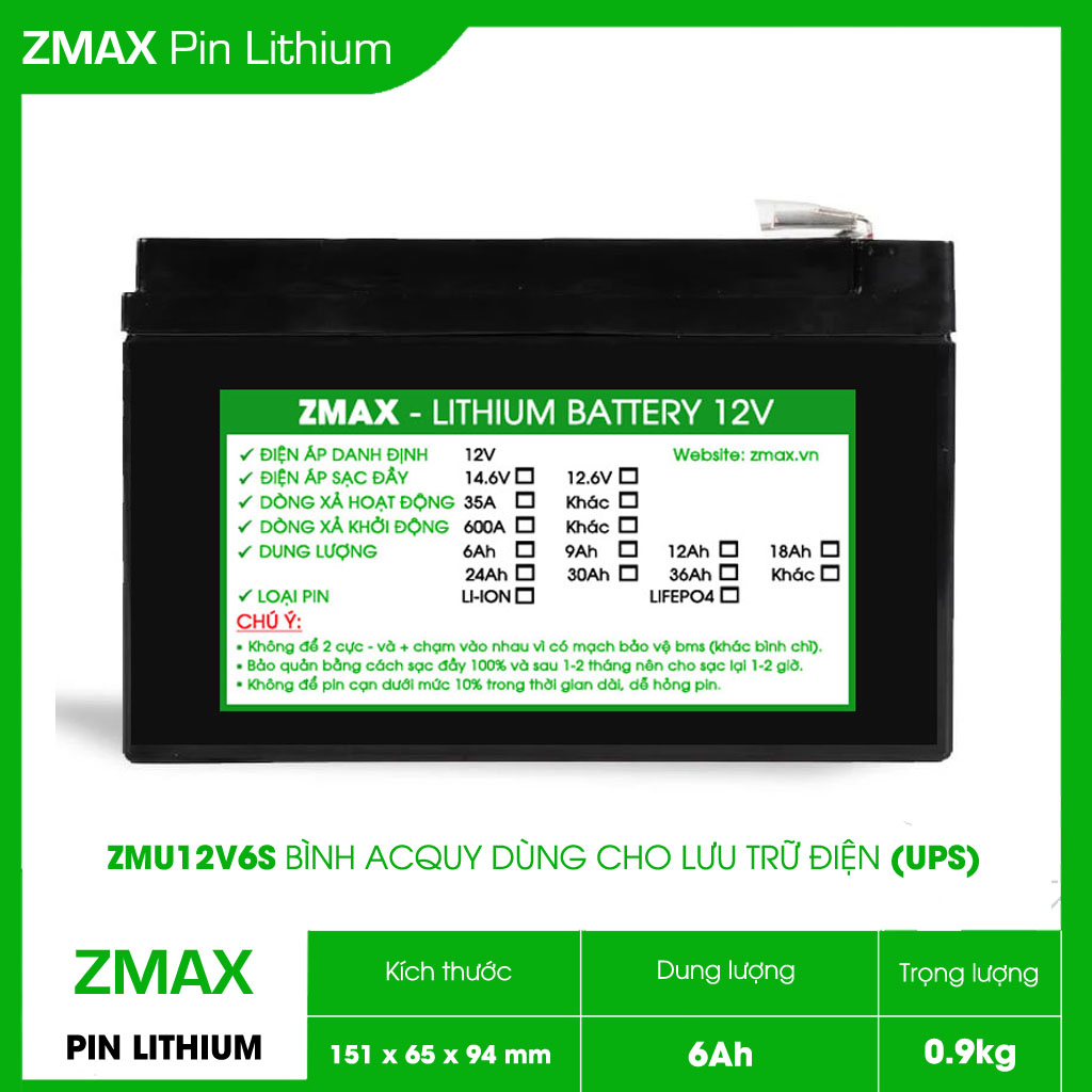  Bình Acquy Pin Lithium LiFeFO4 12V 12Ah ZMU12V6S Dùng Cho Bộ Lưu Điện UPS 