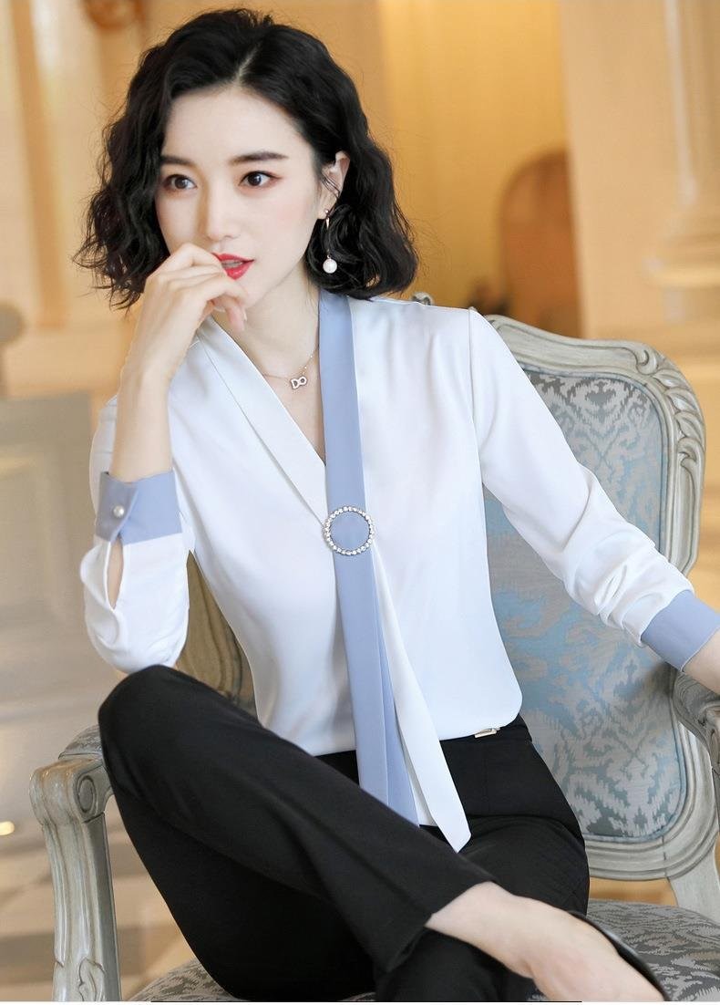 Áo kiểu sơ mi nữ phói phụ kiện cổ thắt cà vạt tay dài công sở