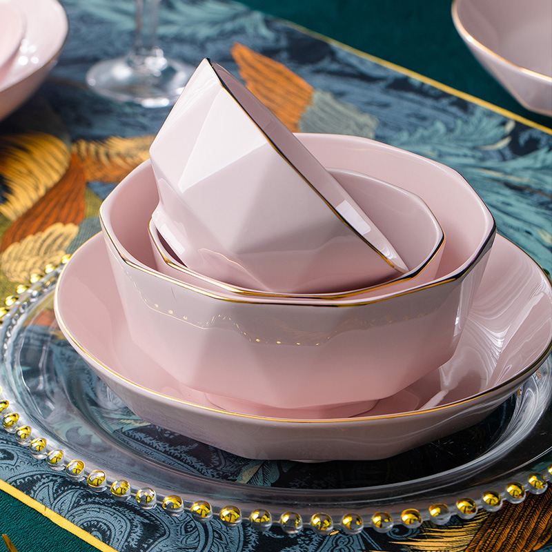 Bát đĩa gốm sứ màu hồng pastel viền vàng - Bộ tô chén dĩa trơn màu hồng làm quà tặng - Chén bát sứ ăn cơm - Tô chén dĩa pastel trơn viền vàng bằng gốm sứ cao cấp