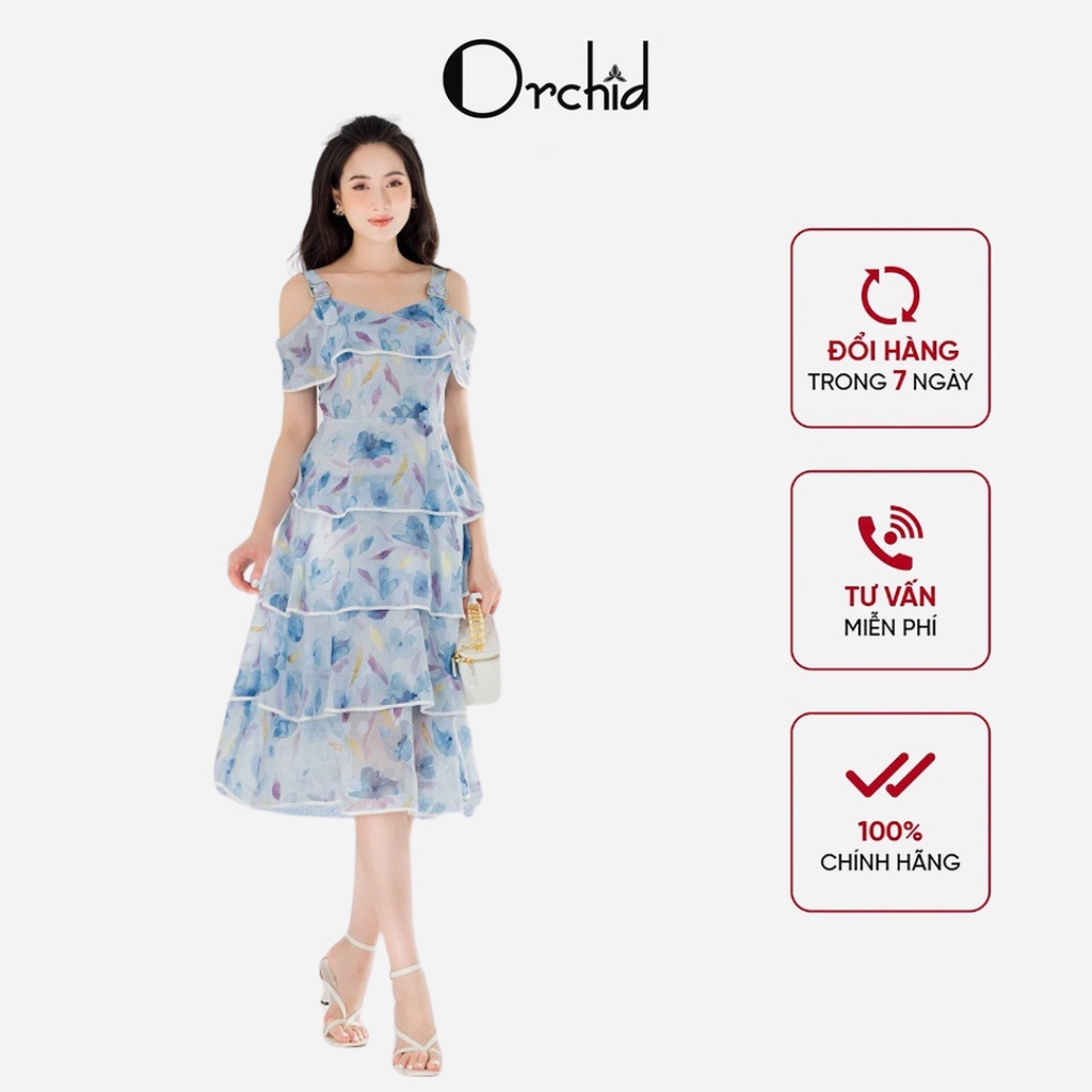 Đầm tơ hoa nhiều tầng tiểu thư xanh- Orchid GHB9X676