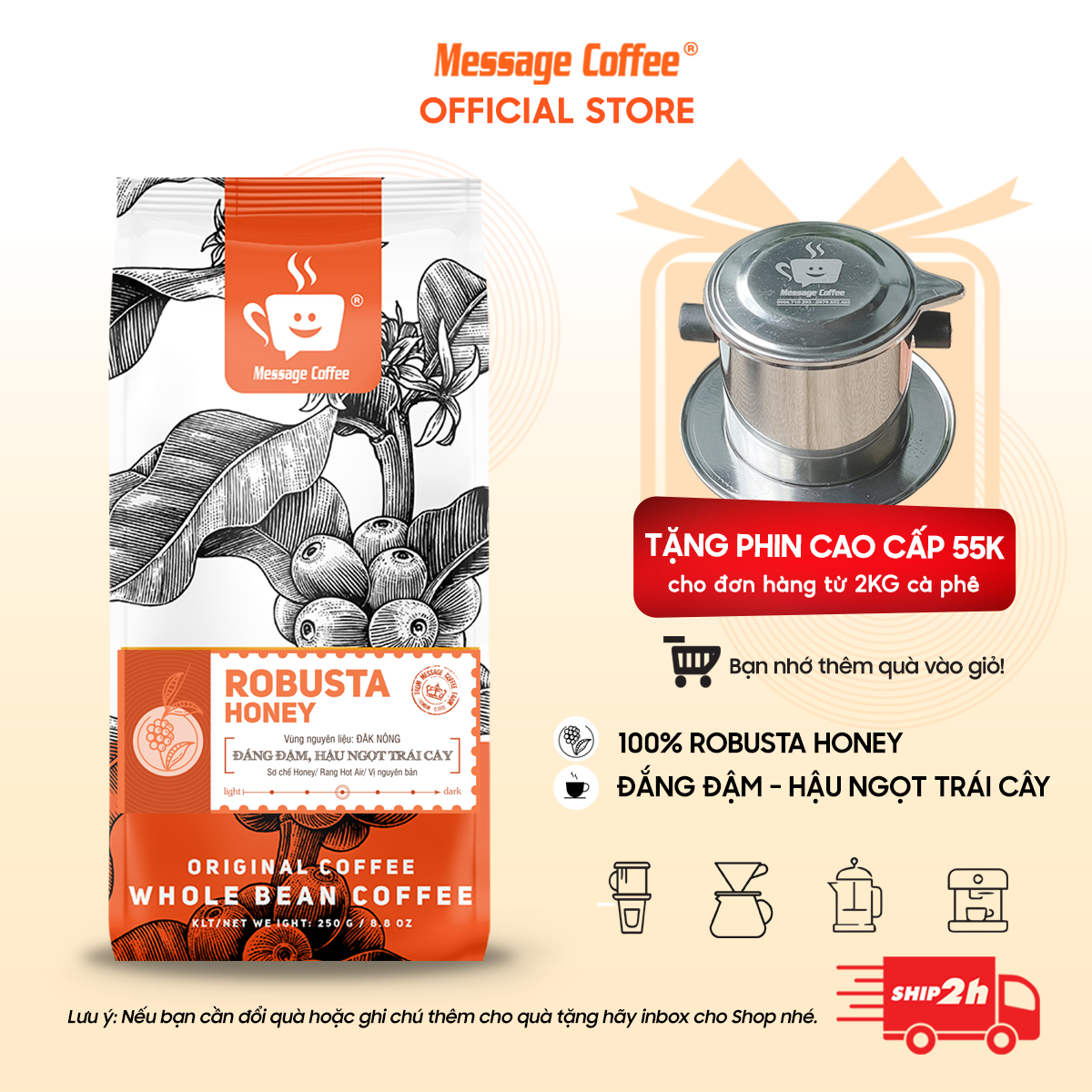 Combo 2kg cà phê robusta honey rang mộc 100% pha phin đậm đà hoặc pha máy thơm nồng hậu ngọt từ message coffee