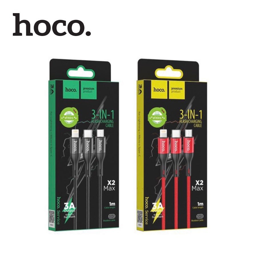 [1M] Cáp Sạc chính hãng Hoco X2 3 Đầu Dây Dù Chống Đứt Chiều Dài 1M Type C Micro USB IP cho pin sạc dự phòng, điện thoại, máy tính bảng , tablet ... Bảo hành 12 tháng 