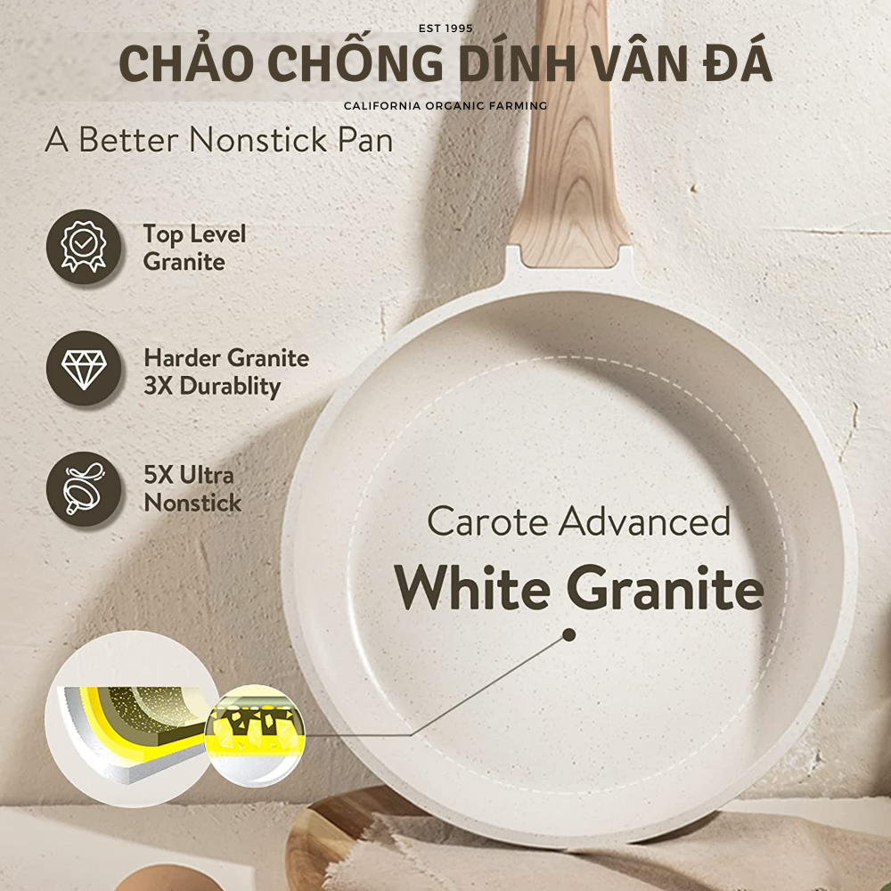 Chảo chống dính bếp từ vân đá kiểu nhật 20/24/28cm, chảo đáy từ ceramic cán gỗ sang trọng, cao cấp - dùng cho mọi loại bếp