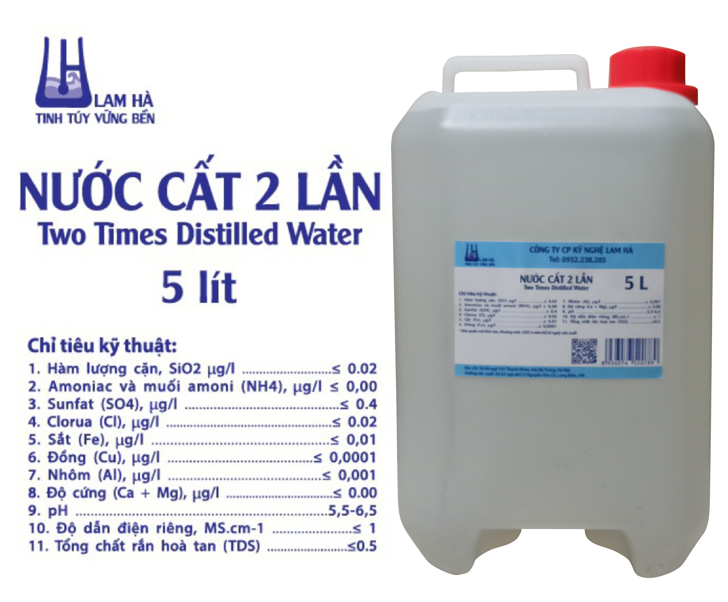 Nước cất 2 lần can 5 lít Lam Hà