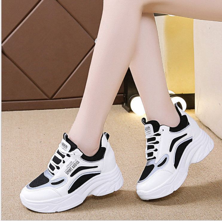 Women's Sneakers with Padded Soles in 2 Colors, Full White and Black, Reflective, 7cm High, Suitable for Going Out, Going to School, or Going to Work. - 2