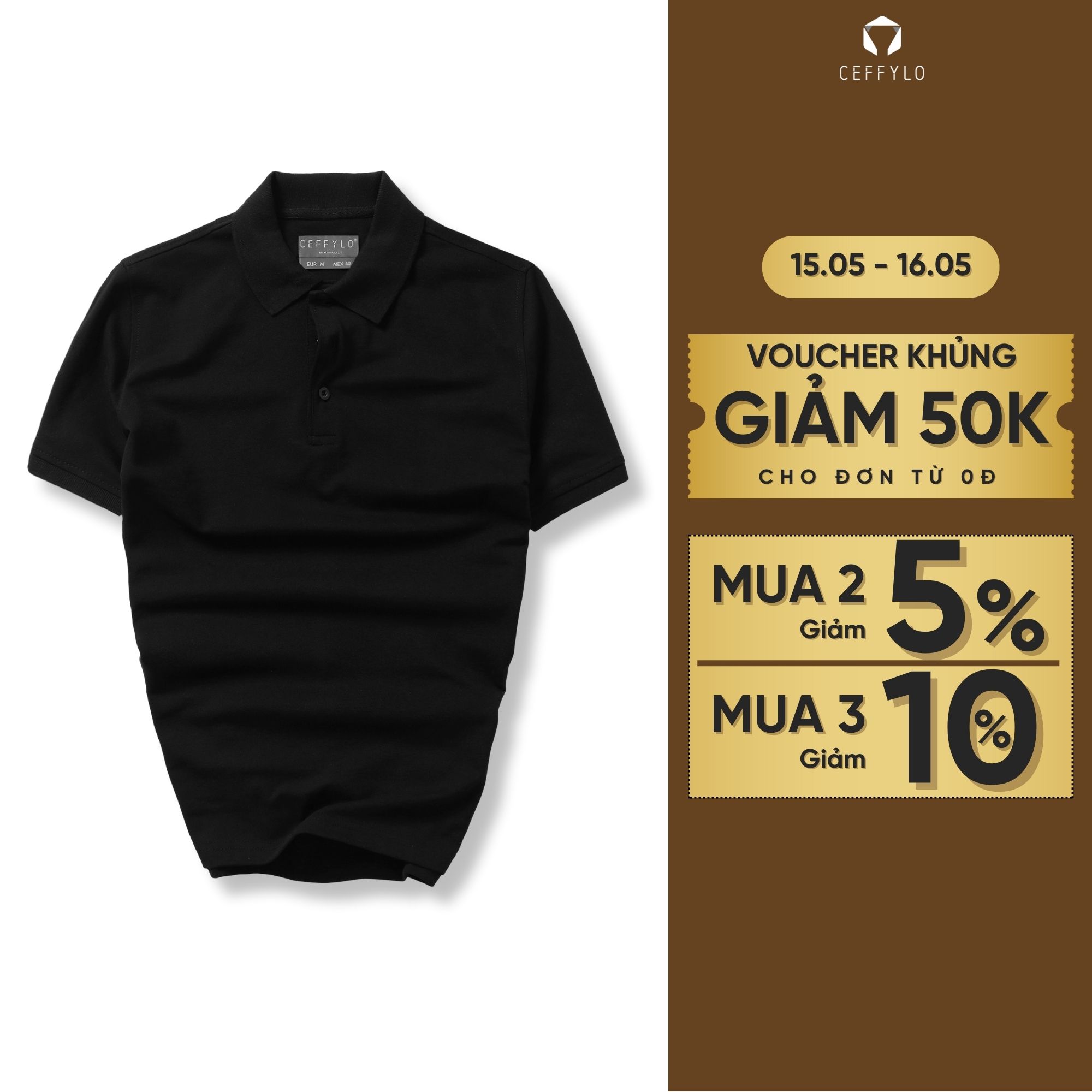 Áo polo nam trơn CEFFLO màu đen chất cotton thoáng khí hạn chế nhăn mềm mại co giãn hạn chế nhăn thời trang nam
