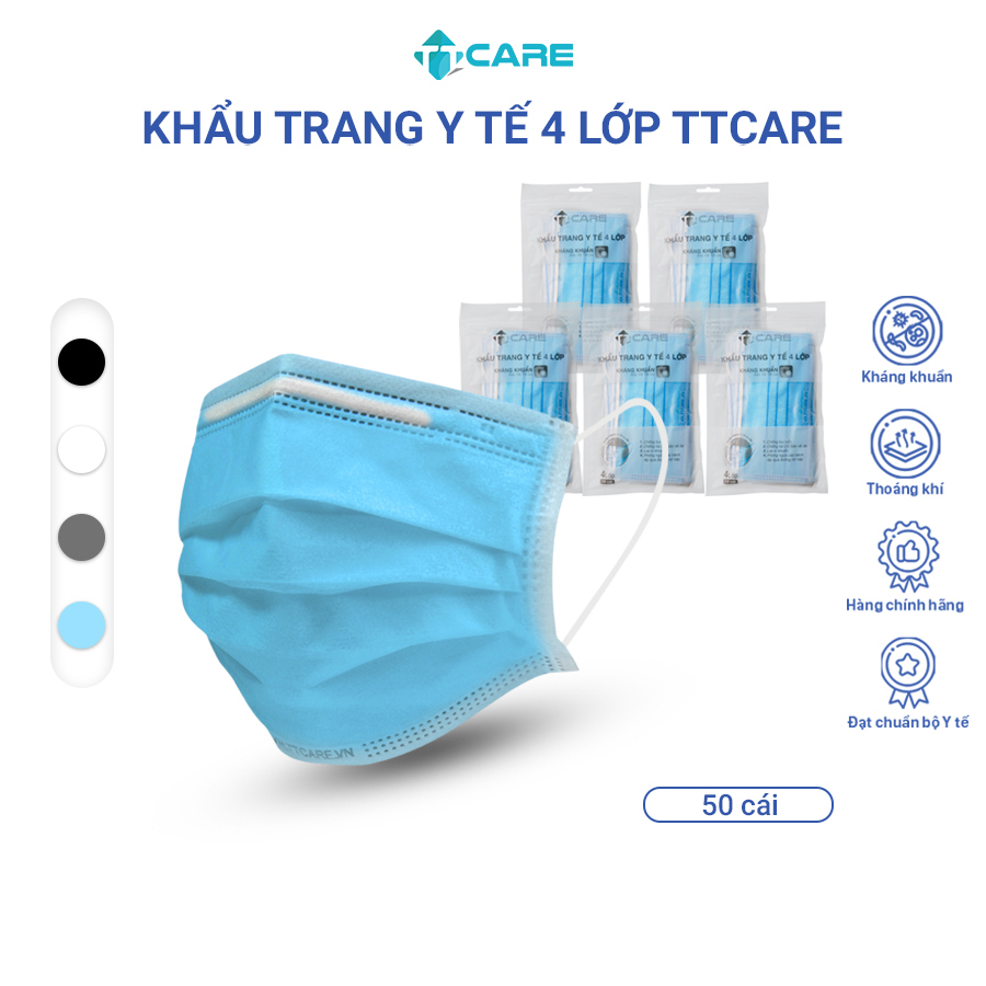 [Combo 5 túi] Khẩu trang y tế 4 lớp kháng khuẩn 99% chống bụi bẩn tiêu chuẩn Bộ Y tế thương hiệu TTcare túi 10 cái