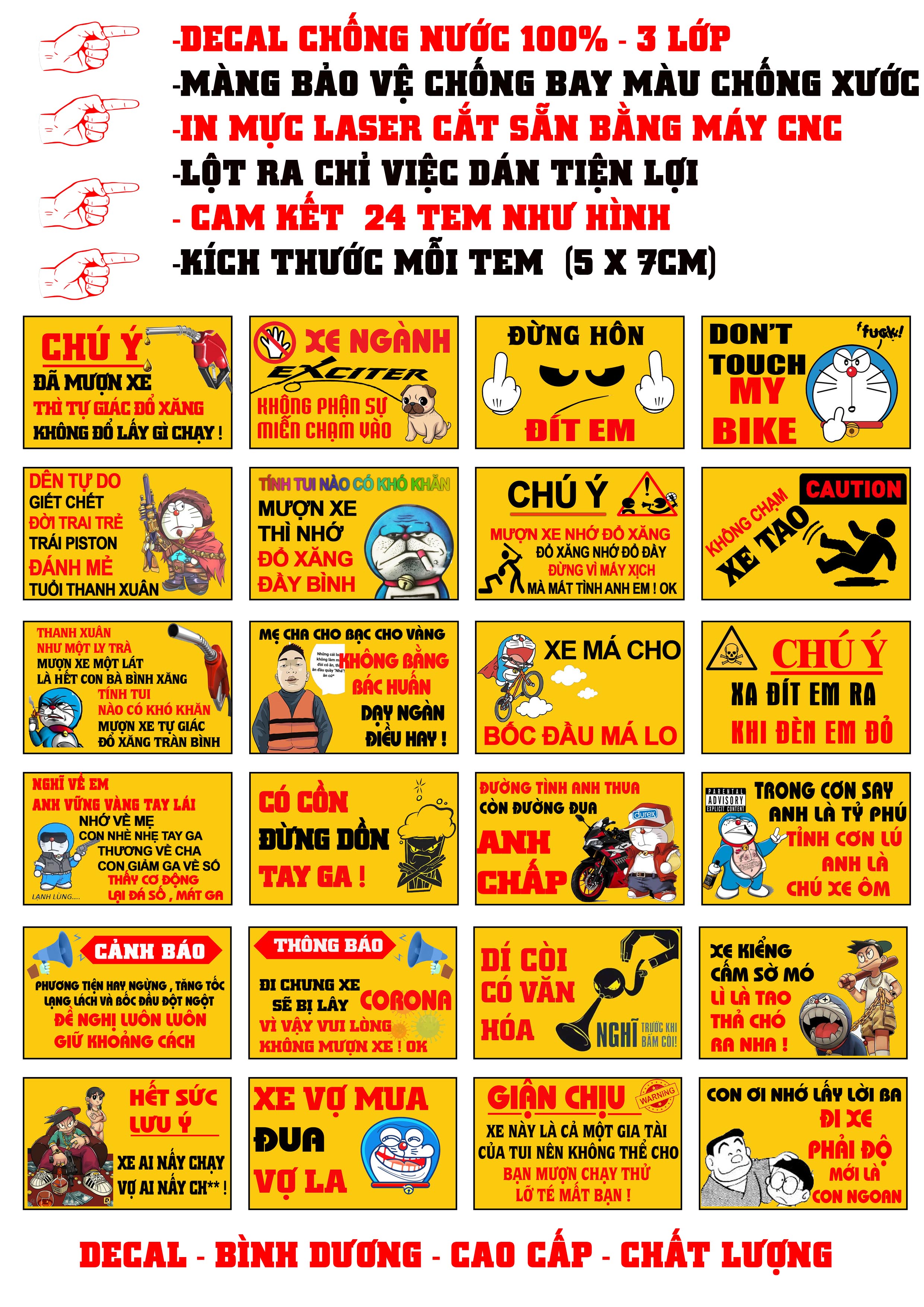 TRỌN BỘ TEM DÁN CẢNH BÁO HÀI HƯỚC 24 TEM  5X7CM DECAL CAO CẤP