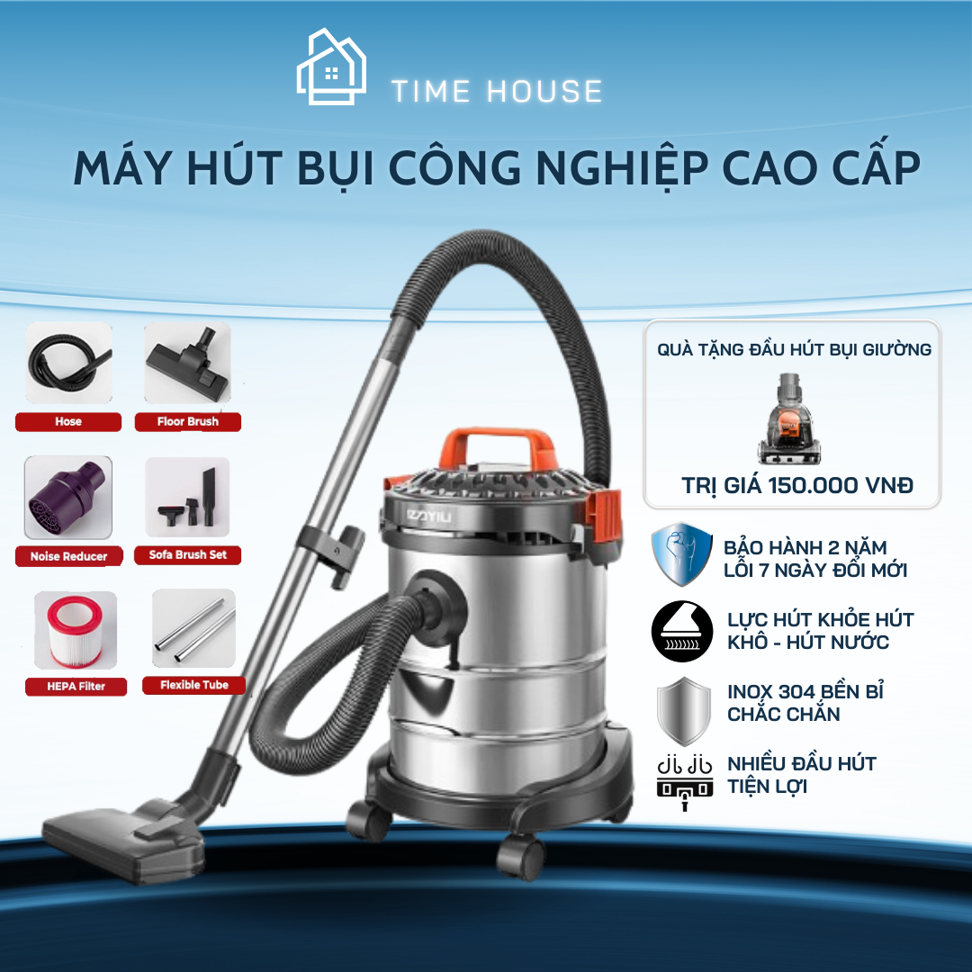 Máy hút bụi công nghiệp cỡ nhỏ công suất lớn 1200W dung tích 12L - 15L tích hợp 3 chế độ hút khô, ướt và thổi, túi lọc bụi bằng vải, phục vụ trong nhà lớn, nhà hàng, khách sạn Bảo hành 2 năm lỗi đổi mới trong 7 ngày