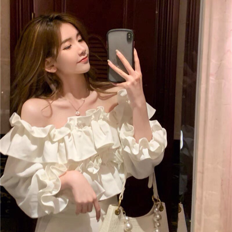 [HOÀN TIỀN ĐẾN 15%]Áo croptop trễ vai bánh bèo tiểu thư, áo trắng trần trễ vai