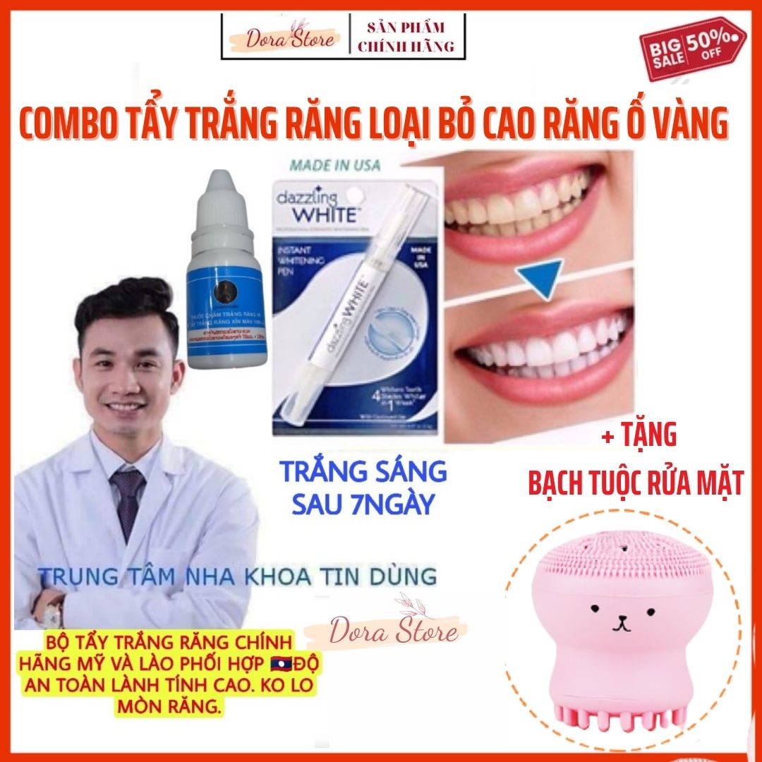 Combo Bút Tẩy Trắng Răng SIÊU TỐC Dazzling White Mỹ và Cao lá cây trắng răng Laos tẩy trắng răng giảm ố vàng an toàn chỉ sau 7 ngày, bột làm trắng răng, gel tẩy trắng làm sạch nướu, mảng bám và cao răng, khử mùi hôi miệng
