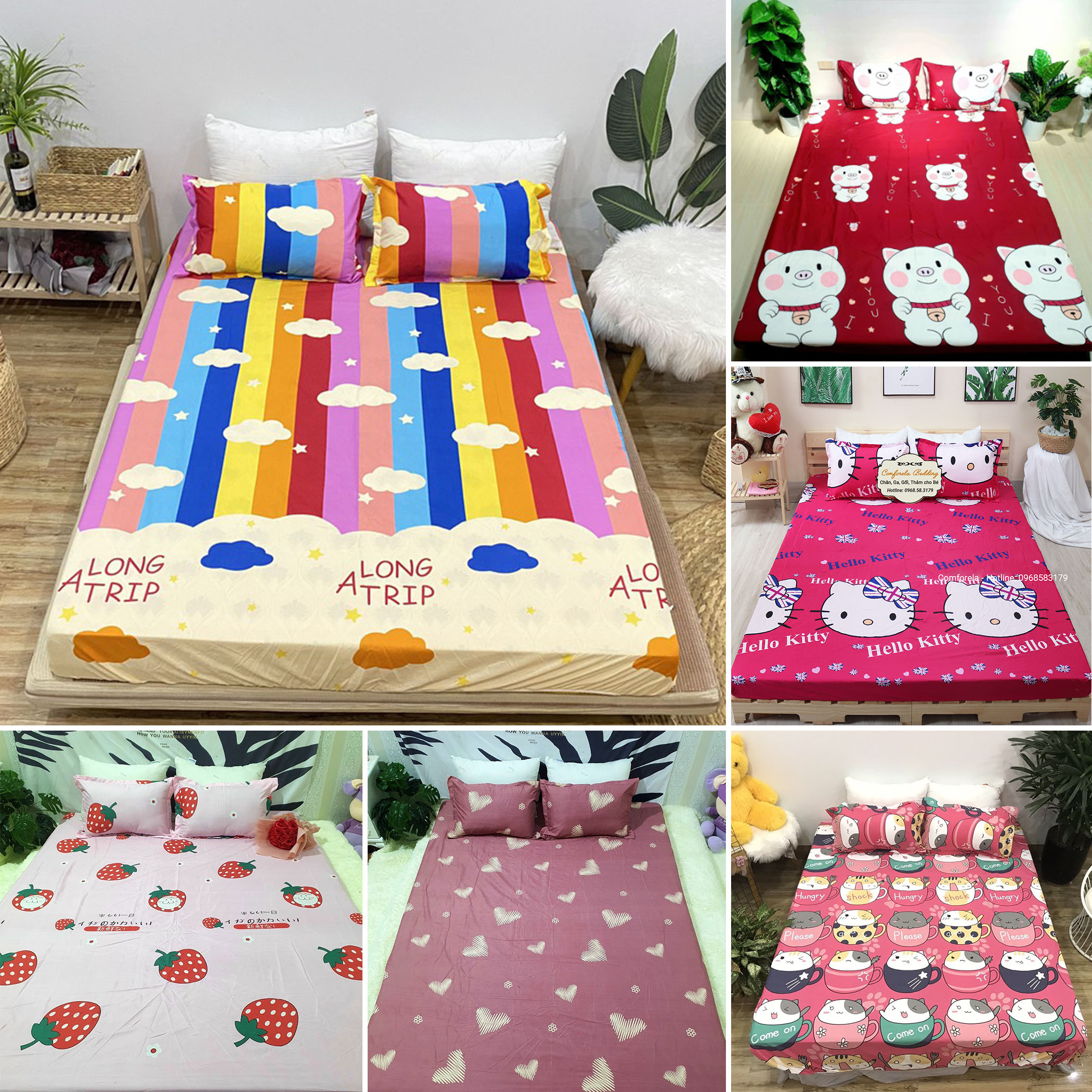Bộ ga gối đẹp chất cotton poly Hàn Quốc cho trẻ em giá rẻ, gồm 1 ga chun bọc nệm + 2 vỏ gối nằm, mẫu tổng hợp màu đỏ 01
