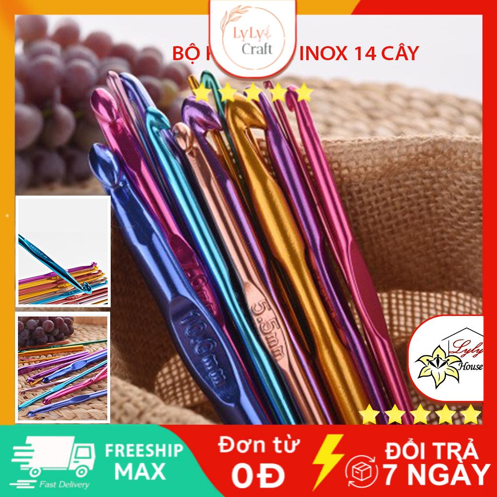 Bộ kim móc len inox nhiều sắc màu gồm 10 cây với 13 kích cỡ từ 2mm-8mm , bộ dụng cụ len sợi đan móc dành cho người mới bắt đầu