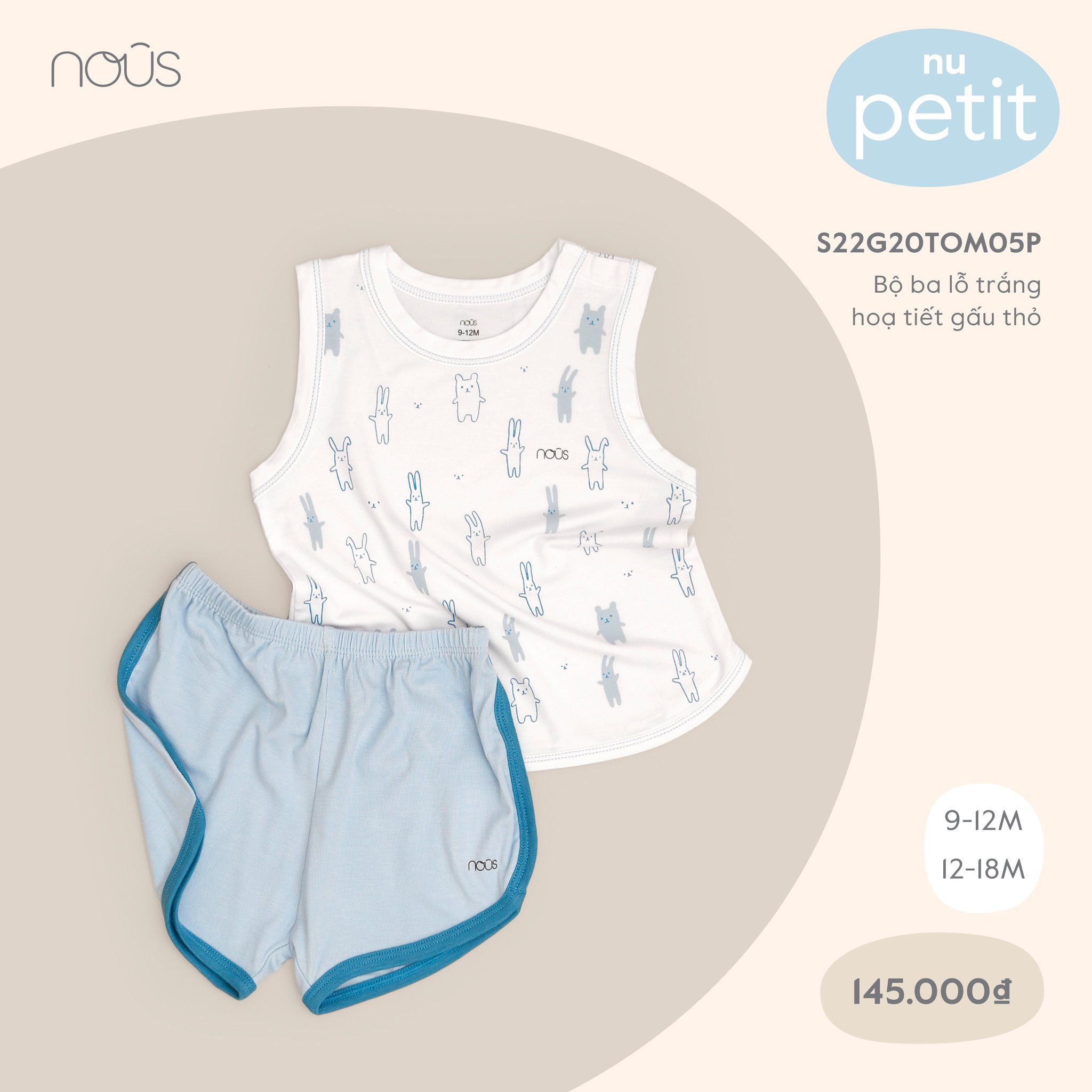 Bộ ba lỗ nous pettit trắng họa tiết gấu thỏ - quần áo bé trai