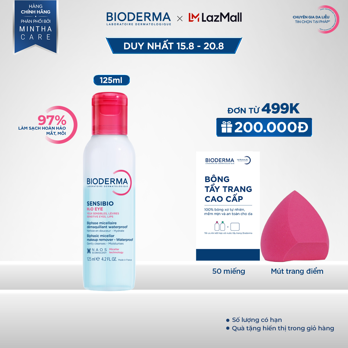 Tẩy trang mắt môi Micellar 2 lớp thế hệ mới: Sạch thoáng  Mềm ẩm Bioderma Sensibio H2O Eye - 125ml