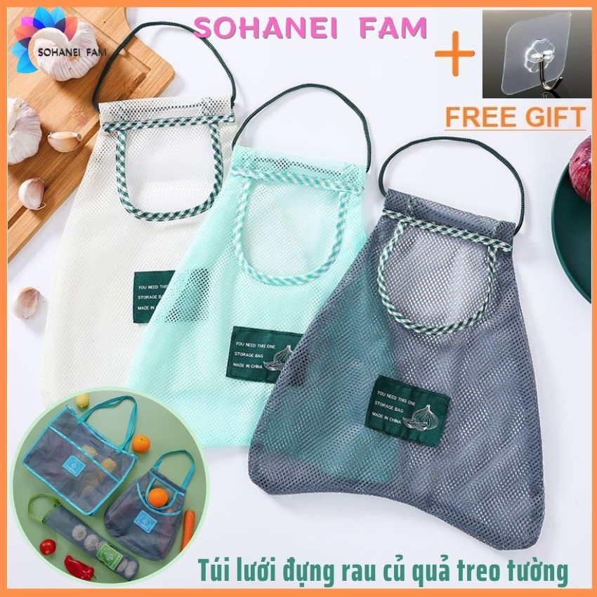 [HCM-NHIỀU KÍCH CỠ] Túi Lưới Treo Tường Đựng Rau Củ Quả (Hành Tỏi Khoai Tây...) Đựng Đồ Đa Năng Tiện Lợi - SOHANEI FAM - Tặng kèm móc dán tường trong suốt