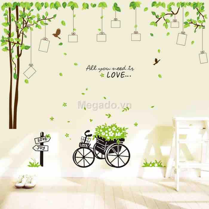 Decal tranh dán tường 2 bức kết hợp cây xanh và xe đạp