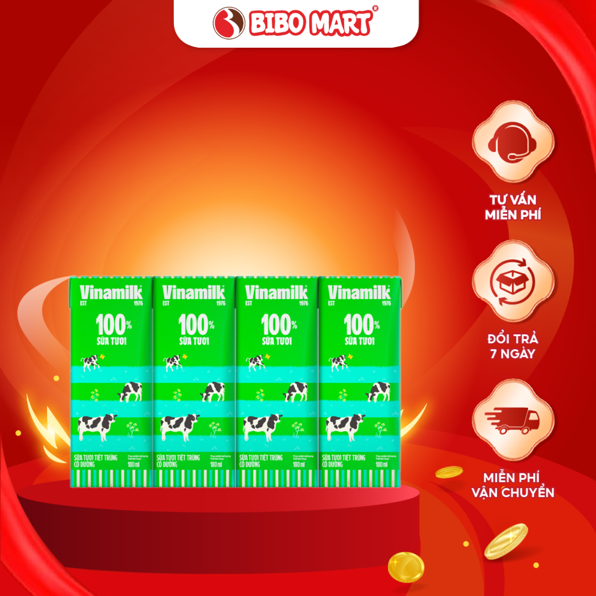 Lốc 4 Hộp Sữa Tươi Vinamilk Có Đường 180ml - Bibo Mart