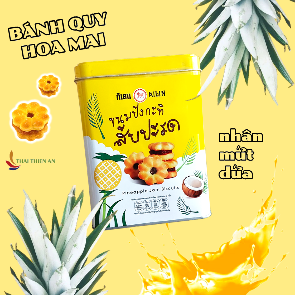 Bánh quy hoa mai nhân mứt khóm / dứa Thái Lan 400gr - hộp thiếc màu vàng - Pineapple jam biscuits