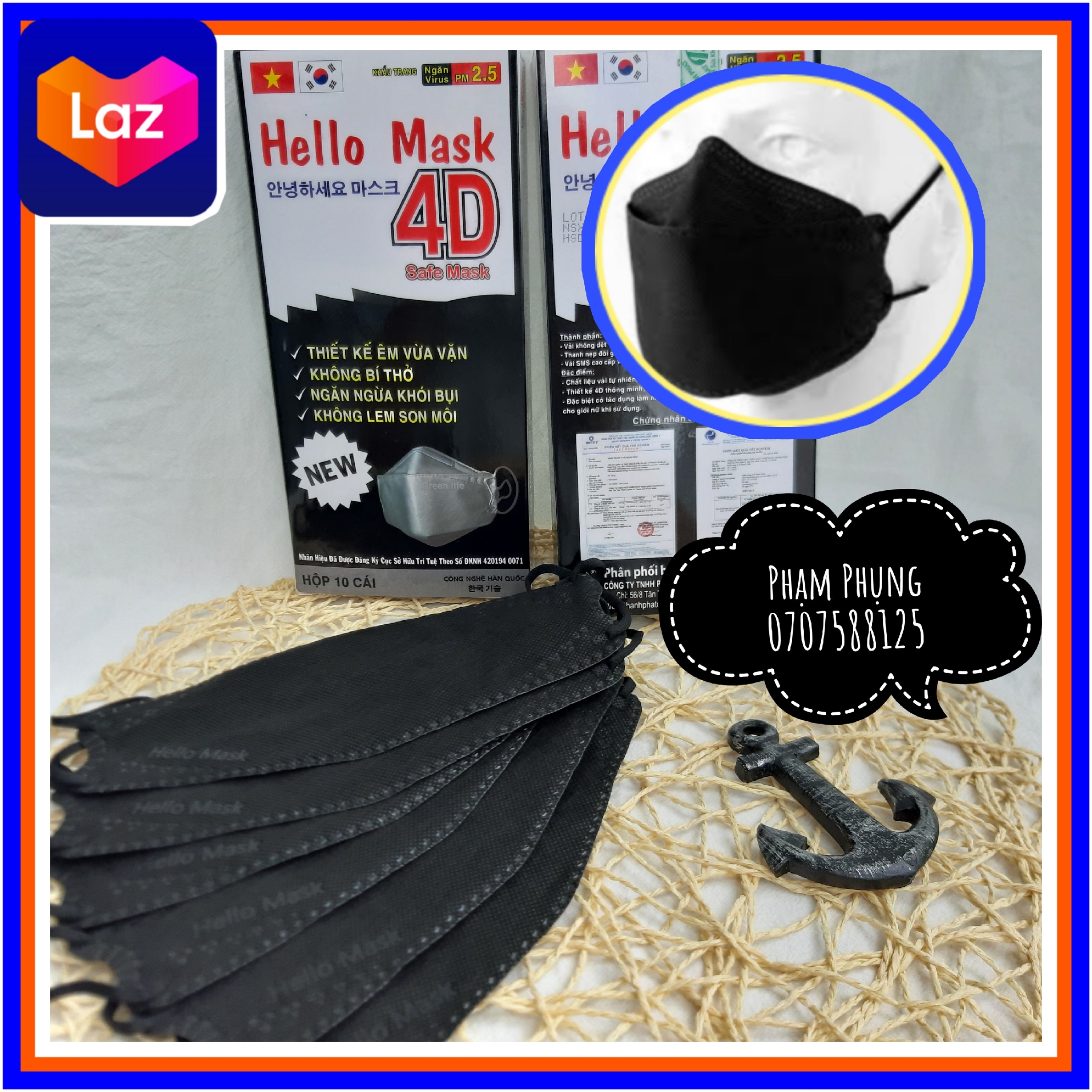 [ ĐEN] Hộp 10 cái khẩu trang 4D Hello Mask đạt chuẩn Hàn quốc màu đen / full box/ 10 pcs 4D mask Korea /마스크 4D
