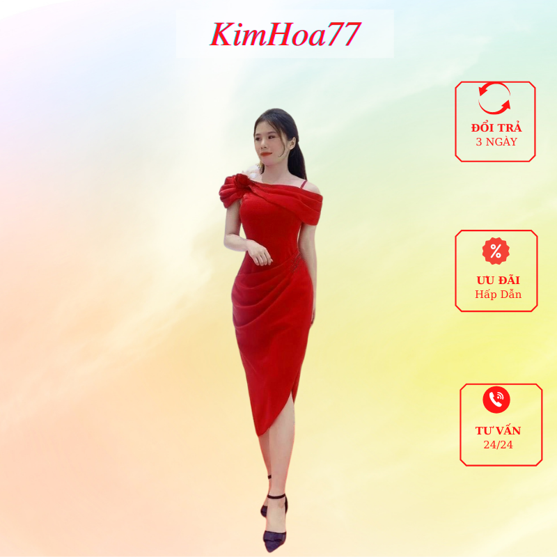 Váy body đầm nữ dự tiệc freesize chất umi cao cấp màu đỏ trễ vai xếp ly trước chân kimhoa77