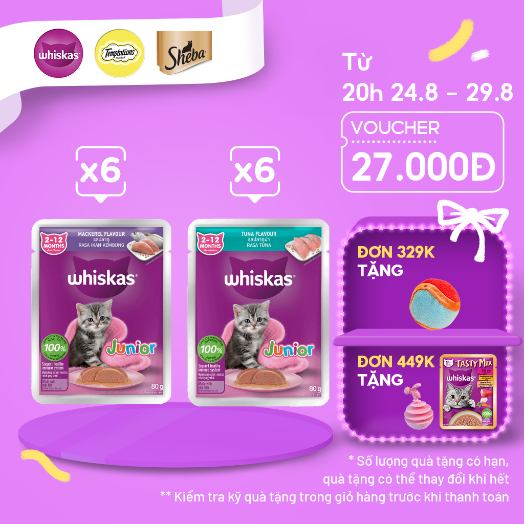 WHISKAS® Thức ăn cho mèo con dạng sốt (pate mèo) 80g (12 gói)
