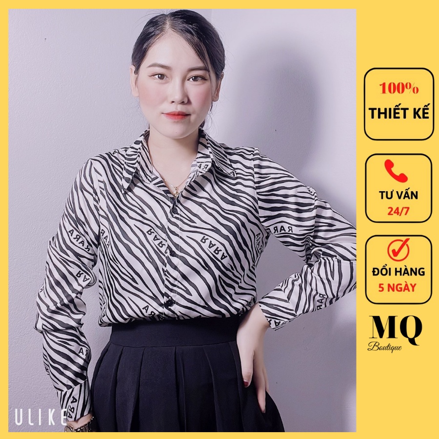 Áo sơ mi nữ lụa dài tay cao cấp công sở họa tiết vệt đen trắng, áo sơ mi họa tiết thiết kế MQ Boutique