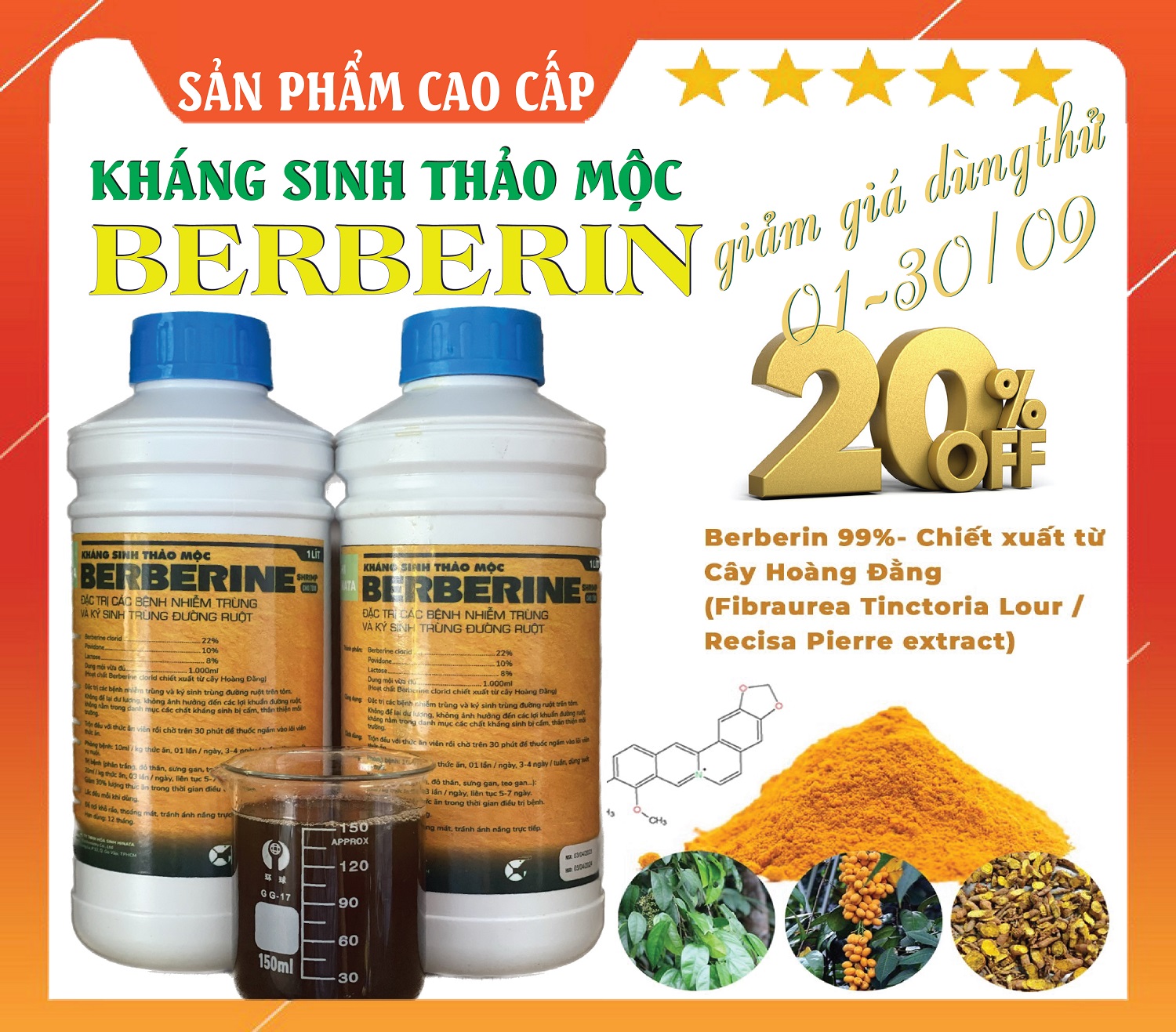 Giải độc Gan BERBERIN cao cấp cho Tôm, chiết xuất từ Thảo Dược -1 Chai 1l