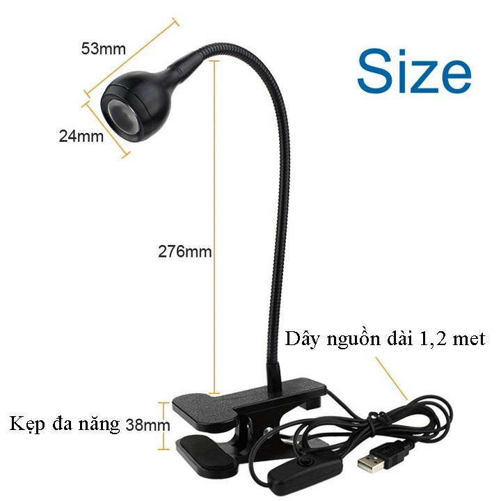 Đèn đọc sách kẹp bàn đầu giường led 3w tích hợp đèn ngủ, nguồn usb 5v, bóng led chiếu rọi điểm - t001