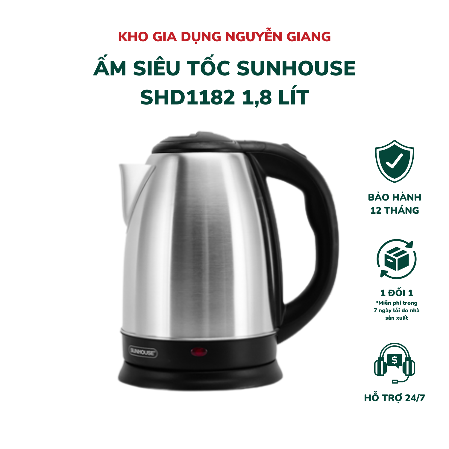 Ấm siêu tốc sunhouse shd1182 dung tích 1,8 lít, bình đun siêu tốc tự ngắt khi nước sôi - kho gia dụng nguyễn giang