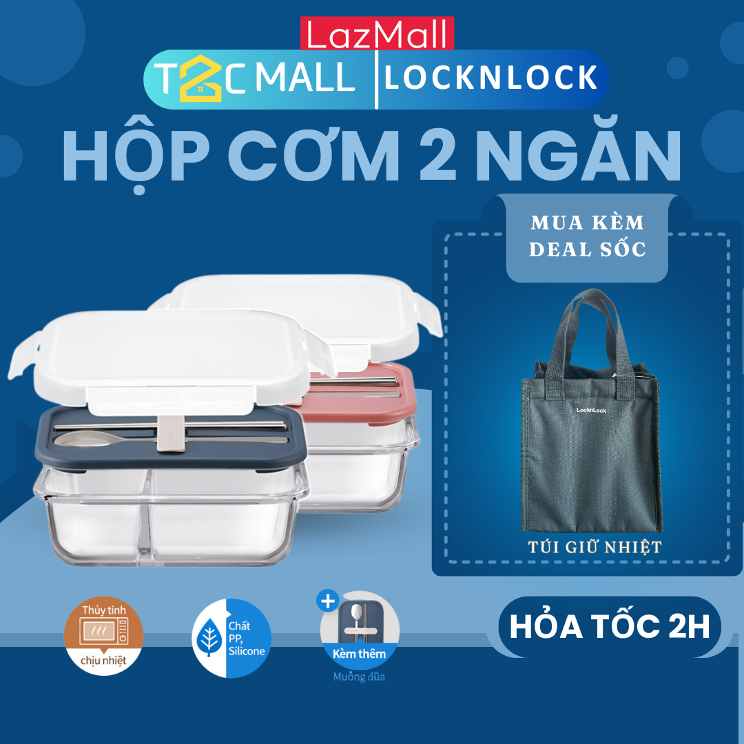Hộp cơm thủy tinh 2 ngăn kèm muỗng thìa 930ml locknlock, hộp cơm trưa văn phòng llg991cl - t2cmall