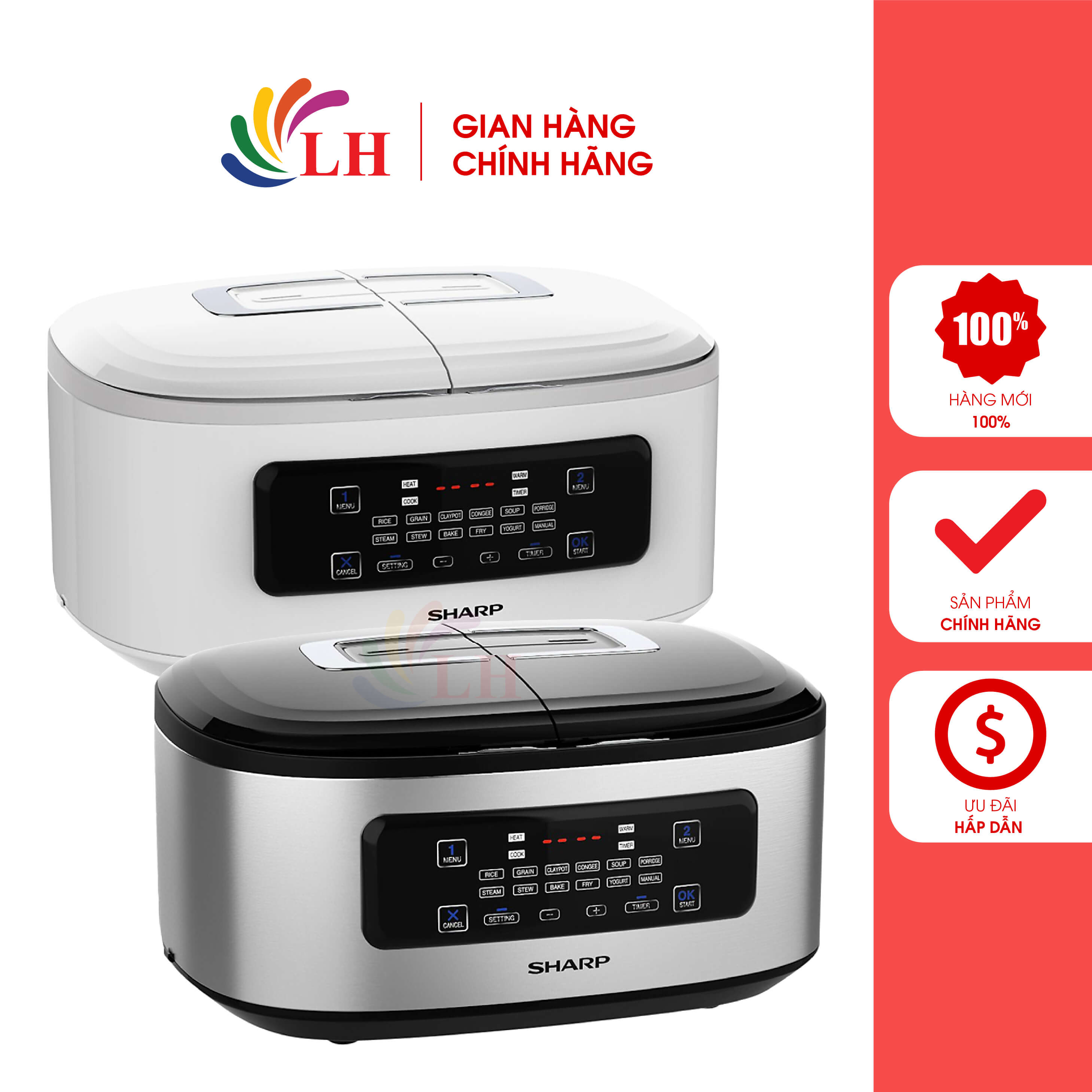 Nồi đôi điện tử đa năng sharp 1.8 lít kn-tc50vn - hàng chính hãng - công suất 700w, lòng nồi chống dính, 4 ngăn nấu, điều khiển cảm ứng, 12 chế độ nấu