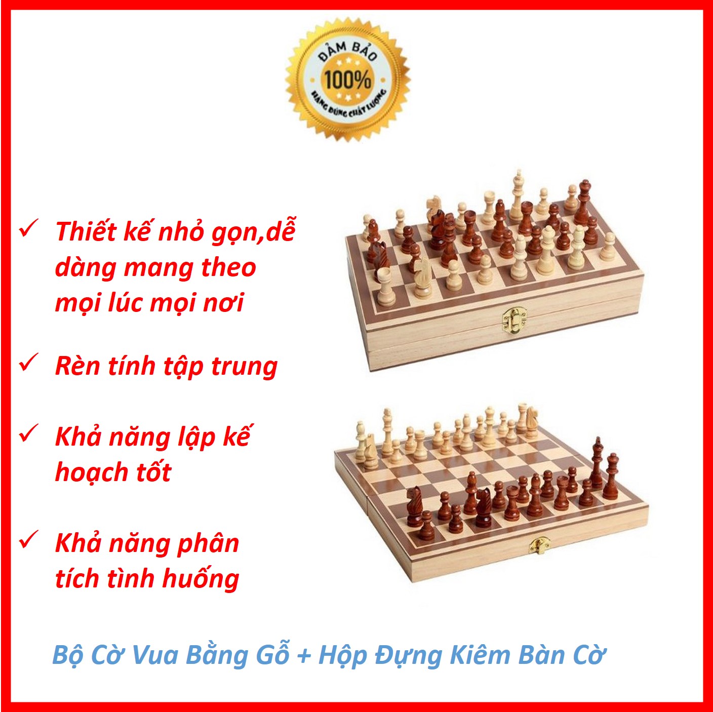 Cờ vua gỗ cao cấp + hộp đựng kiêm bàn cờ, bộ cờ vua bằng gỗ cho trẻ em và người lớn