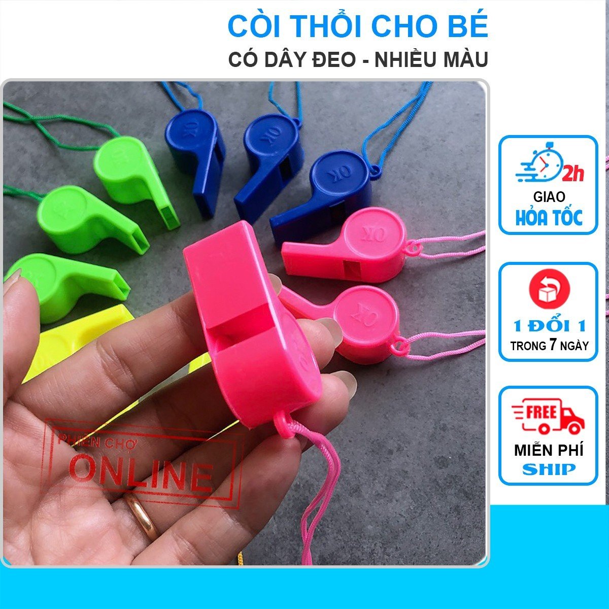 Còi thổi bằng nhựa có dây đeo nhiều màu sắc, còi đồ chơi cho bé