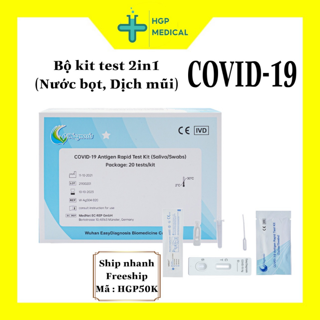 Hộp 20 bộ kit test COVID, 2in1 nước bọt hoặc dịch mũi,Covid