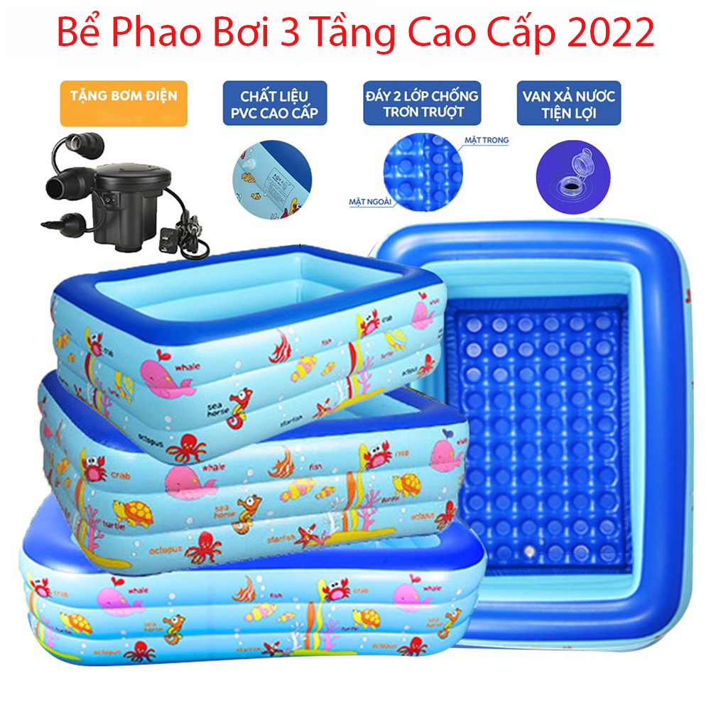 Hồ bơi cho bé 3 tầng loại 1m5, bể bơi cho bé tặng kèm bơm điện, bể bơi phao trẻ em với người lớn, bể phao bơi 3 tầng cao cấp 2022