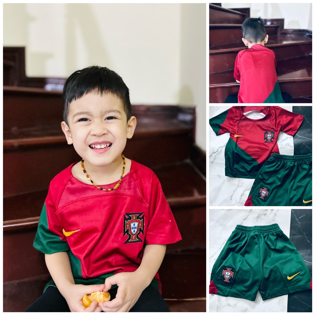 Set bộ quần áo thể thao bóng đá trẻ em đội tuyển bồ đào nha vải mè thái áo đỏ quần xanh 2023