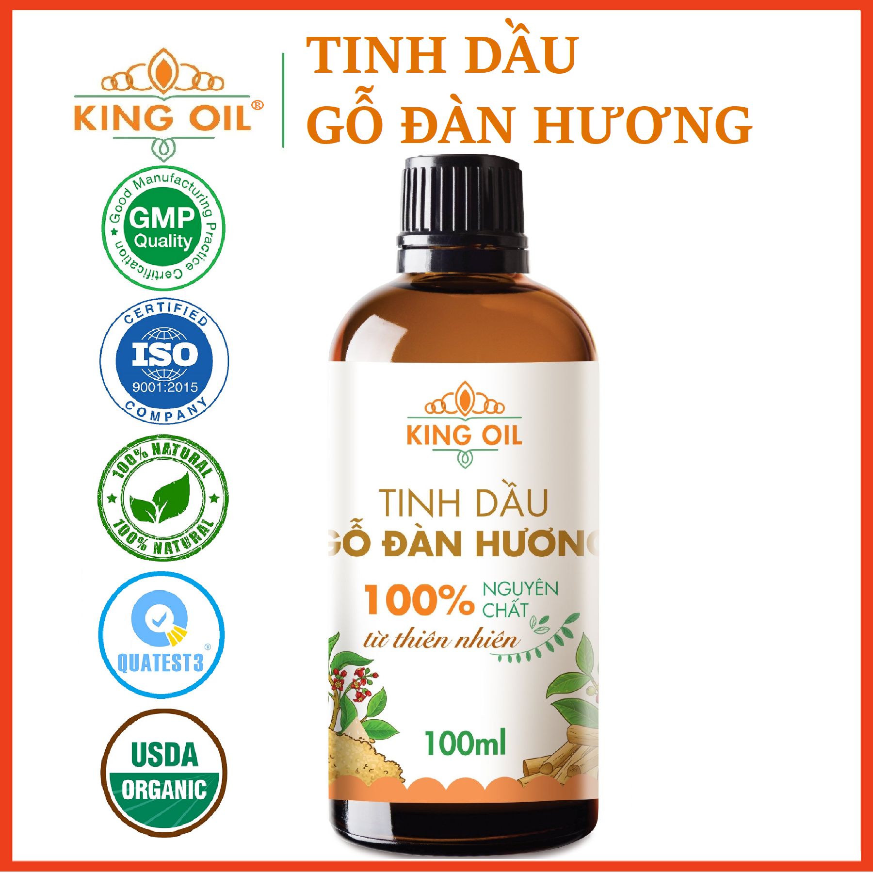 Tinh dầu gỗ Đàn Hương 100ml nguyên chất từ thiên nhiên, thơm phòng, xông phòng, thư giản, đuổi muỗi, khử khuẩn, giải cảm, giảm stress - KingOil