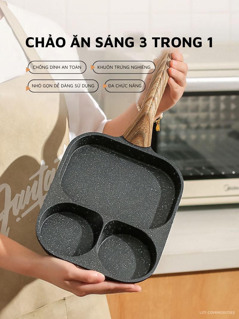  Chảo chiên rán trứng lớn làm bánh 3 ngăn lớn chống dính khuôn chảo hình tròn dùng được bếp từ 