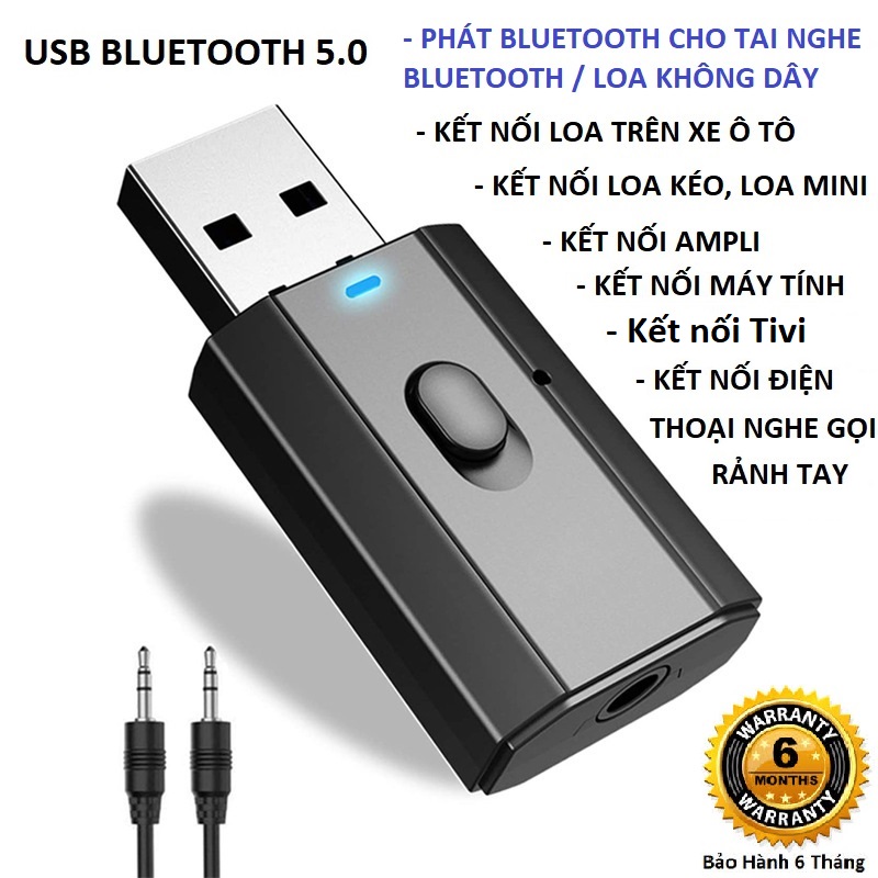 Usb bluetooth 5.0  thu phát âm thanh đa chức năng jack cắm 3.5mm cho loa, Tivi, máy tính, laptop, xe ô tô