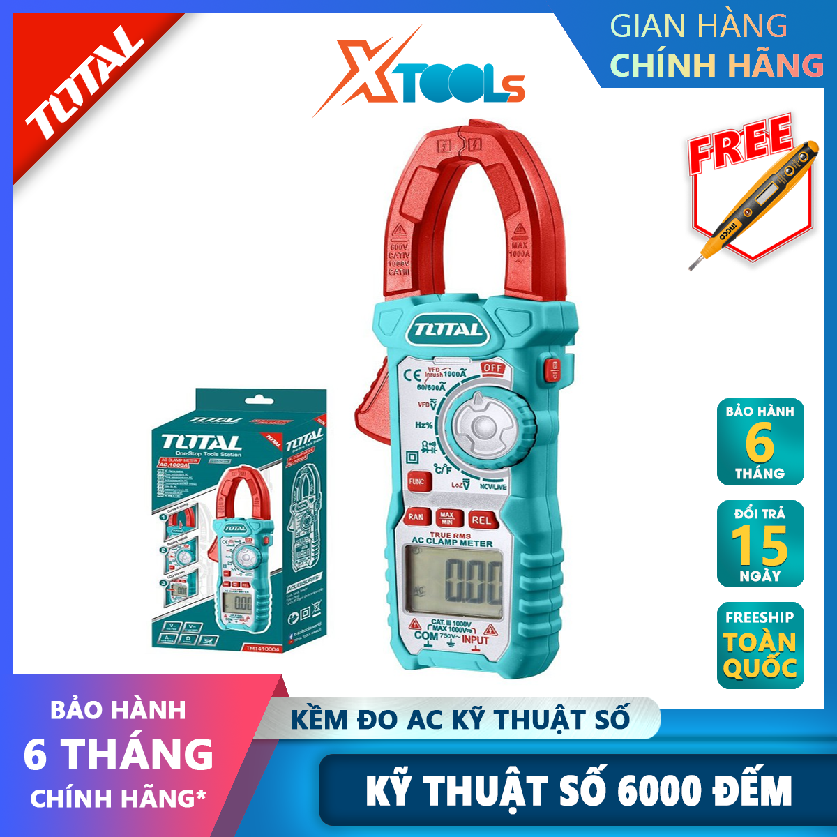 Ampe kìm TOTAL TMT410004 kềm đo điện vạn năng AC kỹ thuật số đo dòng điện với dải đo rộng, điện áp, điện trở, tần số XTOOLs
