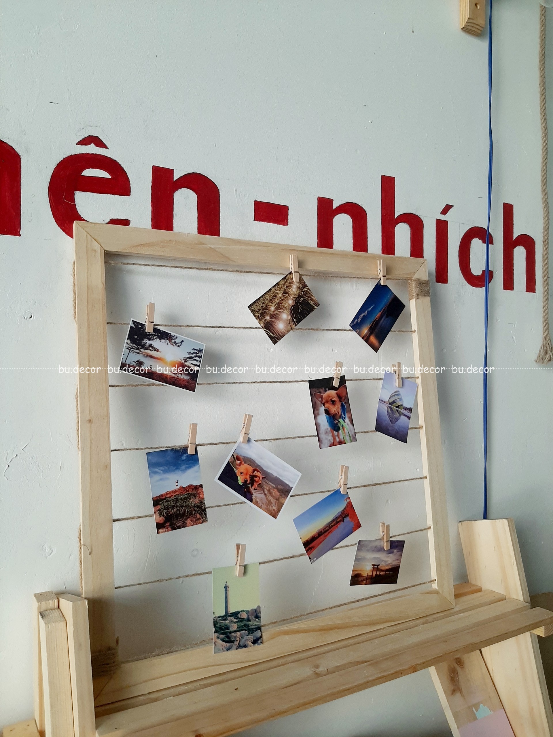 [HCM]Khung gỗ treo ảnh trang trí đan dây thừng tặng 10 kẹp gỗ (size 50x50cm)