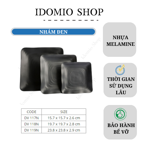 Đĩa nhựa vuông melamine đen nhám 19.7cm